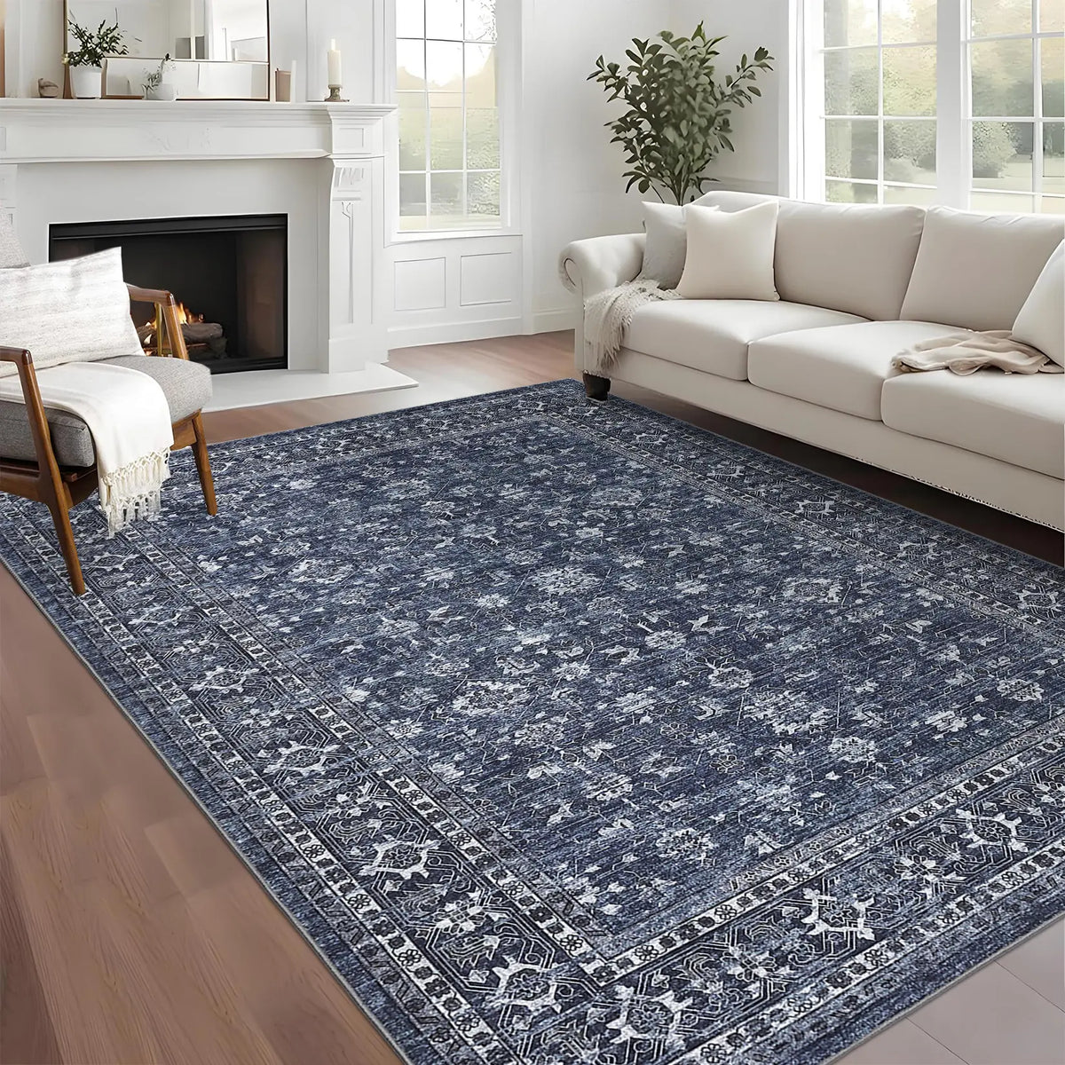 Washable Vintage Area Rug for Bedroom Living Room, Distressed Floral Print Non Slip Dining Room Rugs Retro Accent Non Shedding Floor Carpet Low Pile Ultra Thin Oriental Throw Rugs for Nursery Playroom