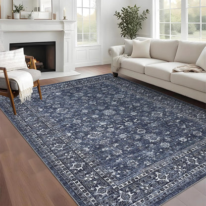 Washable Vintage Area Rug for Bedroom Living Room, Distressed Floral Print Non Slip Dining Room Rugs Retro Accent Non Shedding Floor Carpet Low Pile Ultra Thin Oriental Throw Rugs for Nursery Playroom