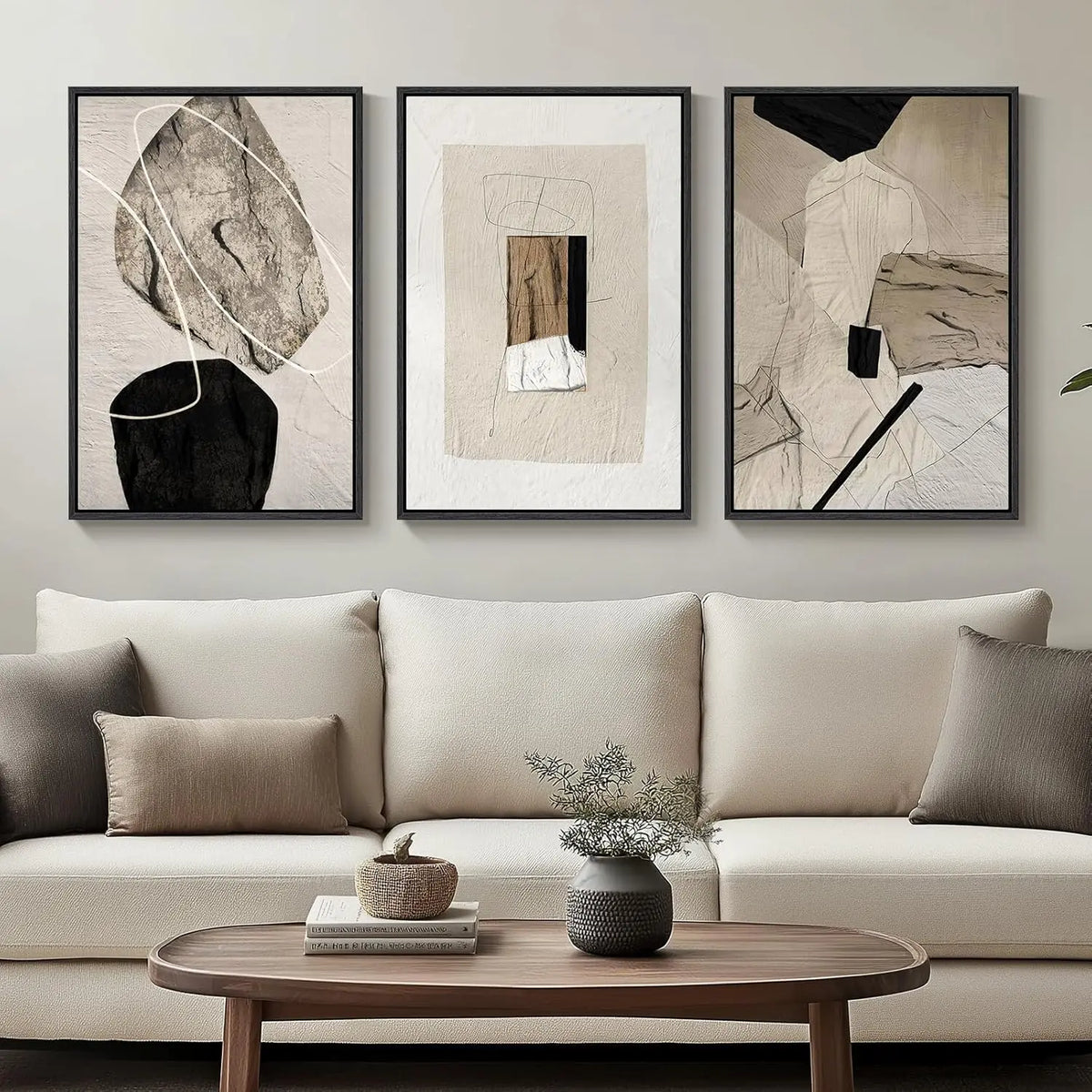 Elevate Your Space with a Set of 3 Framed Neutral Abstract Canvas Prints - Modern Minimalist Artwork for Any Room