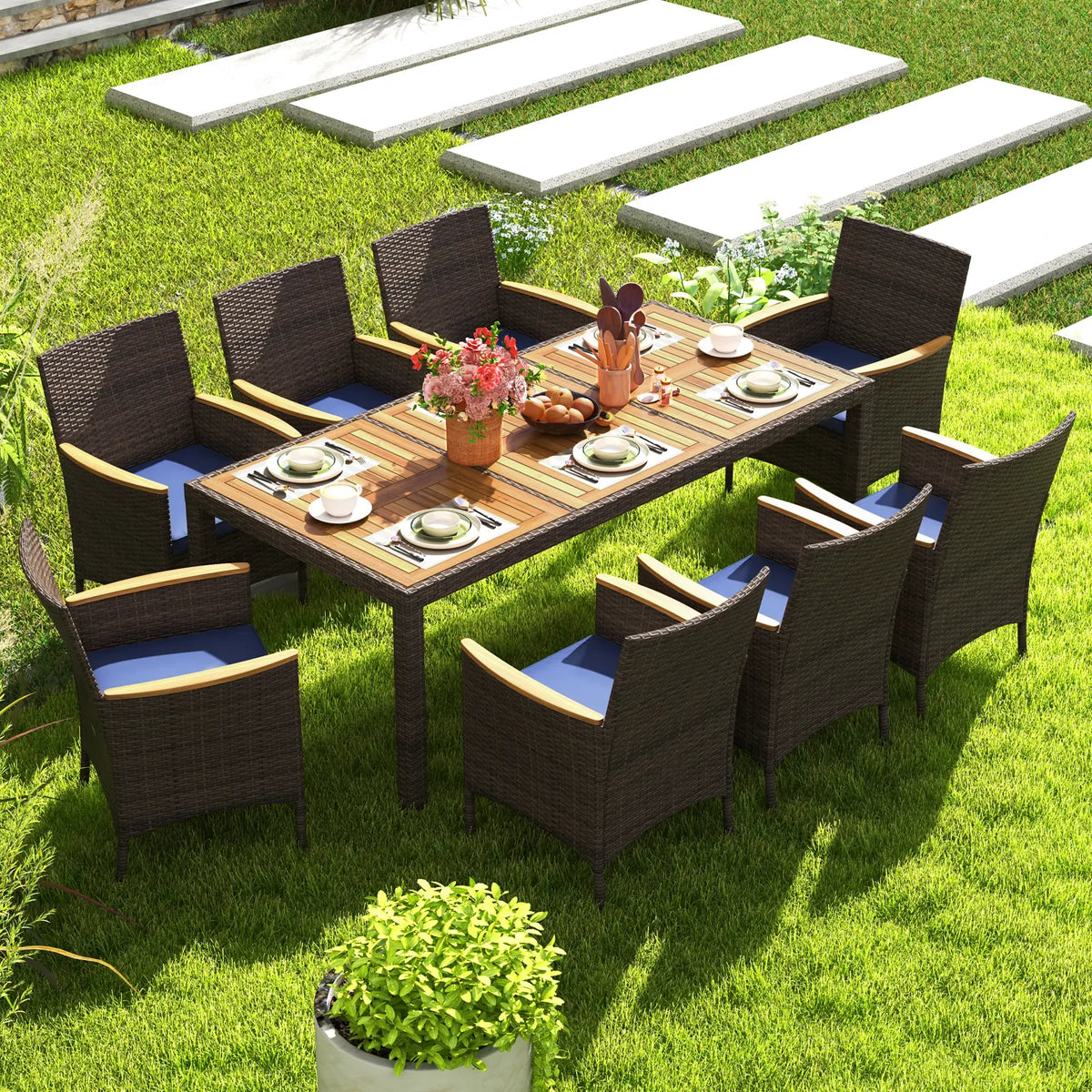 Costway - 9 Piece Outdoor Dining Set with Acacia Wood Table Top-Navy