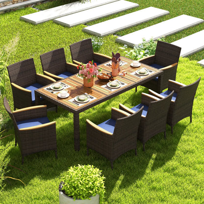 Costway - 9 Piece Outdoor Dining Set with Acacia Wood Table Top-Navy