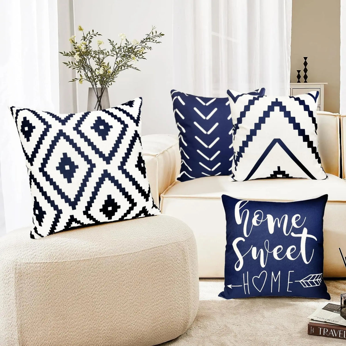 Blue Geometric Throw Pillow Covers - Set of 4, 18x18 Inch Linen Cases for Home Decor