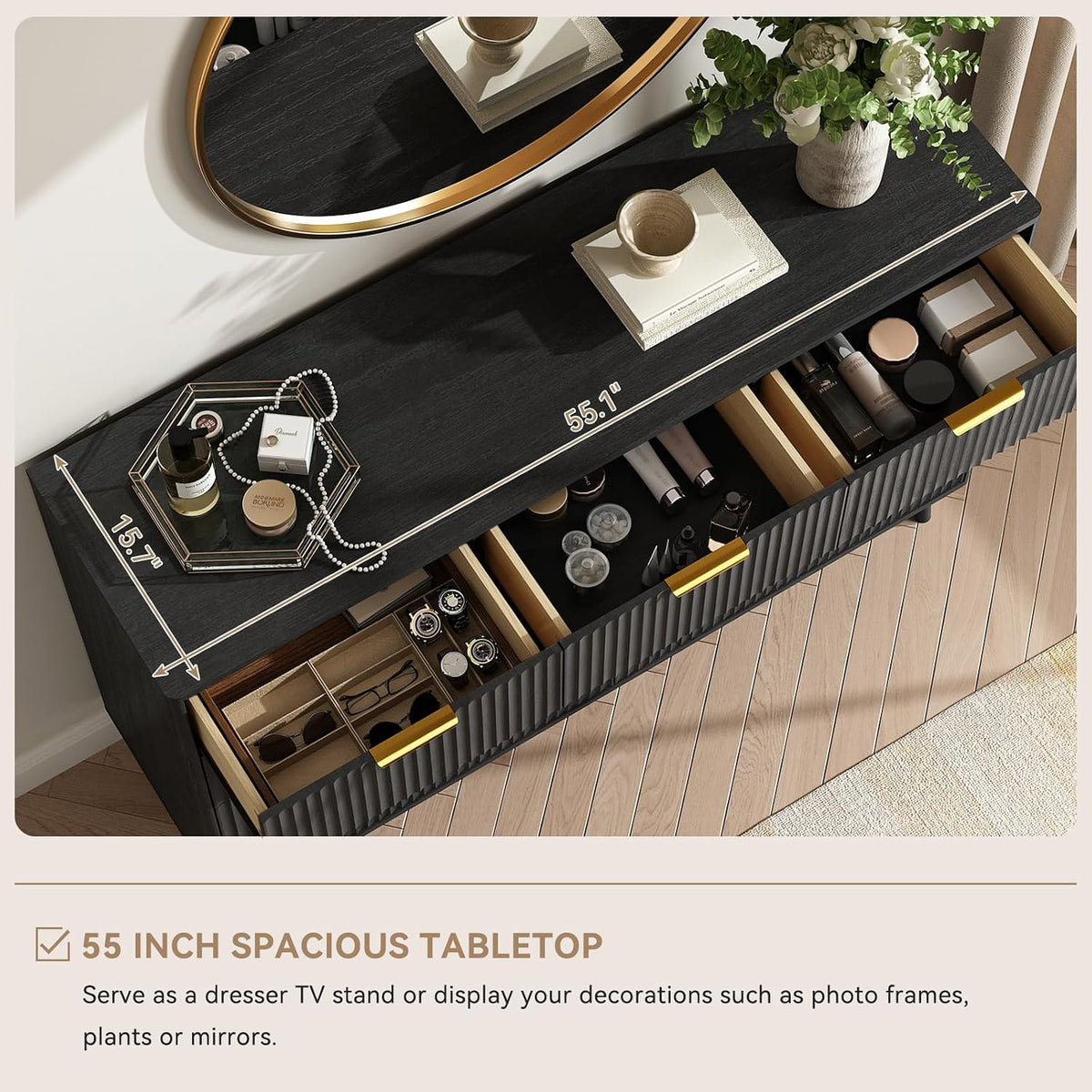 Modern 7 Drawer Dresser in Black with Gold Handles