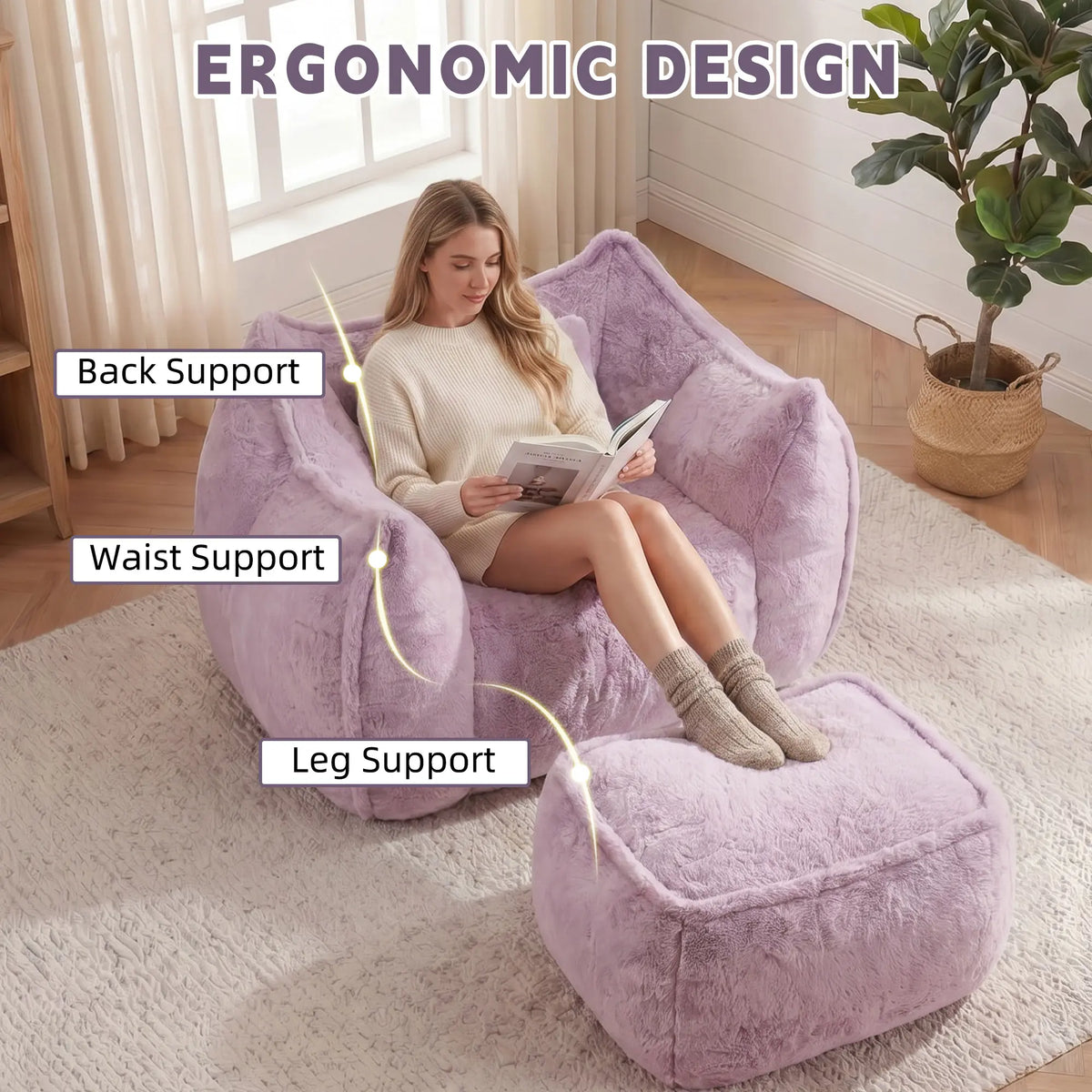 Fluffy Faux Fur Bean Bag Lounger with Ottoman
