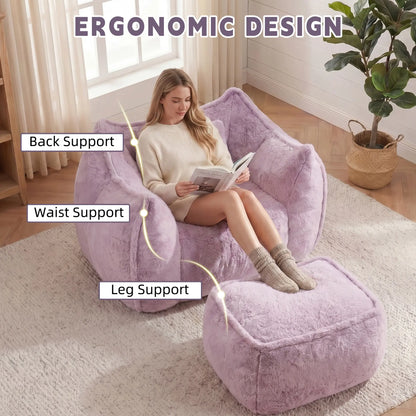 Fluffy Faux Fur Bean Bag Lounger with Ottoman