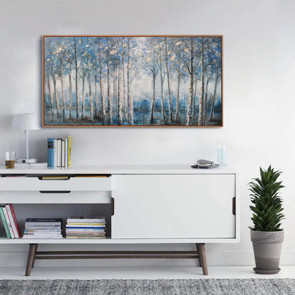 Framed Modern Grey Blue and Gold Foil Forest Canvas Oil Painting
