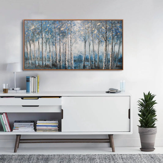 Framed Modern Grey Blue and Gold Foil Forest Canvas Oil Painting