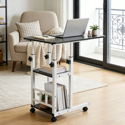 Functional Black C Shaped End Table with Adjustable Height and Wheels