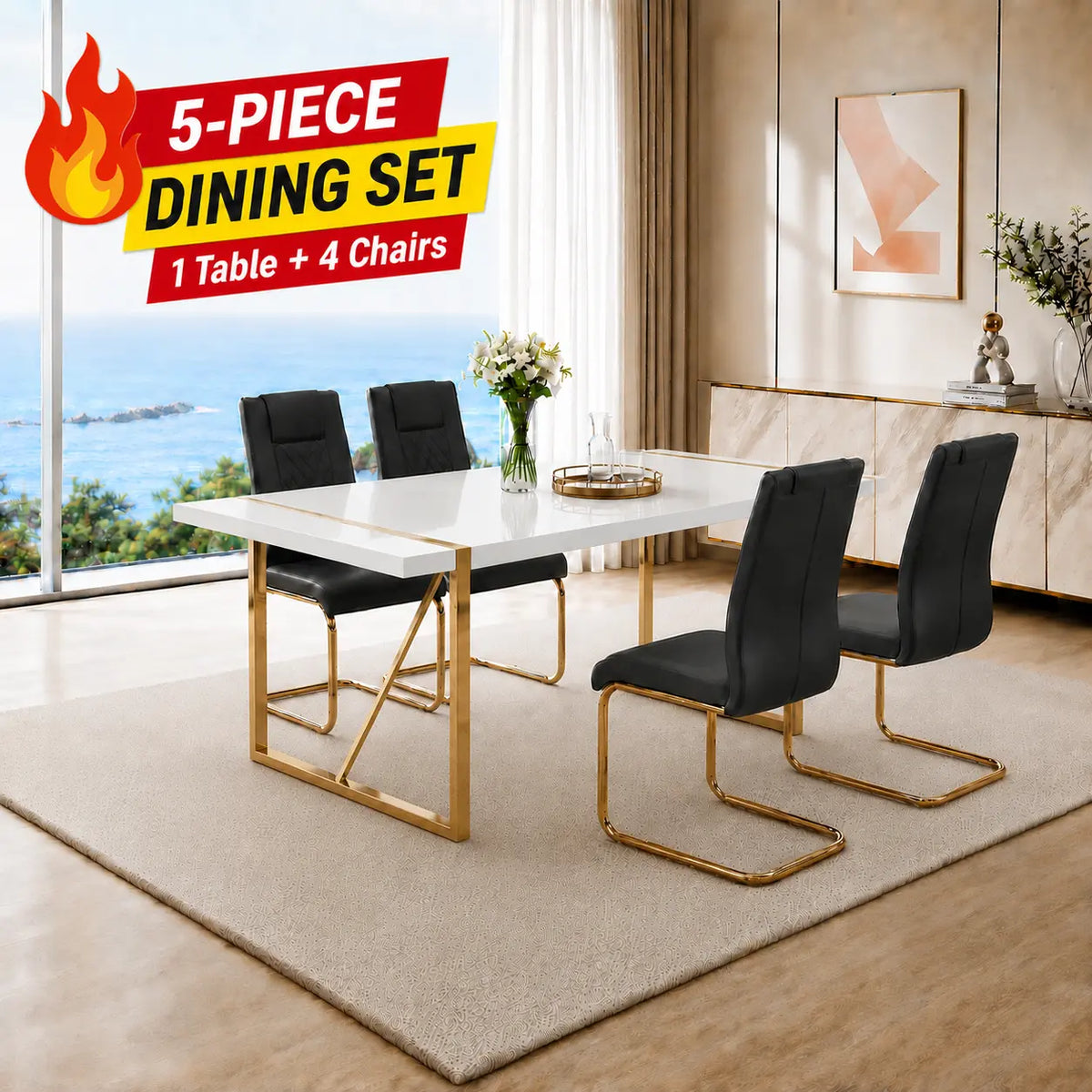 Stylish 7-Piece Dining Table Set with White Rectangular MDF Table and 6 Leather Chairs - Perfect for Modern Homes!