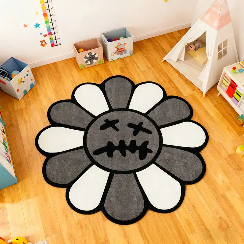 Round Floral Smiling Face Rug - Gothic Decorative Velvet Mat for Living Room, Bedroom & More