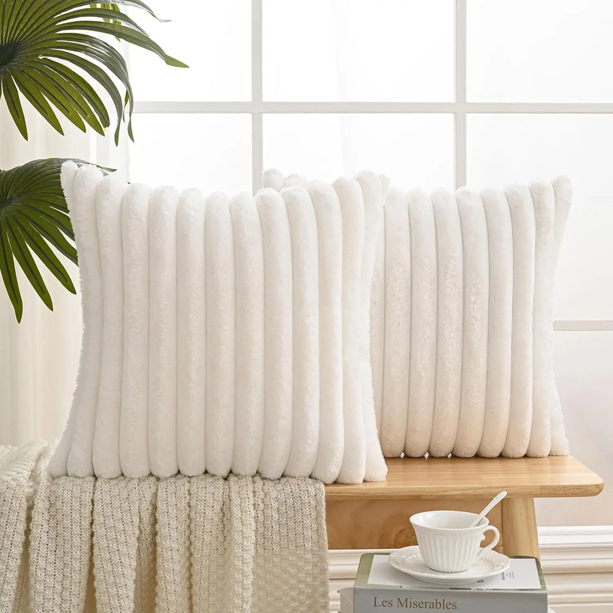 Set of 2 Luxuriously Soft Faux Plush Decorative Throw Pillow Covers - 18x18 Inches, Cream White Striped Accent Cushions for Sofa, Couch, and Bed