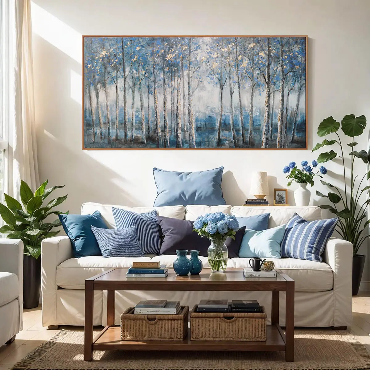 Framed Modern Grey Blue and Gold Foil Forest Canvas Oil Painting