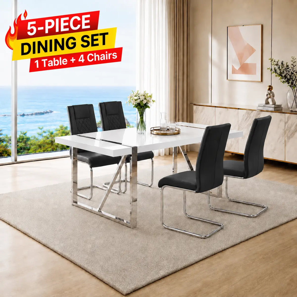 Stylish 7-Piece Dining Table Set with White Rectangular MDF Table and 6 Leather Chairs - Perfect for Modern Homes!