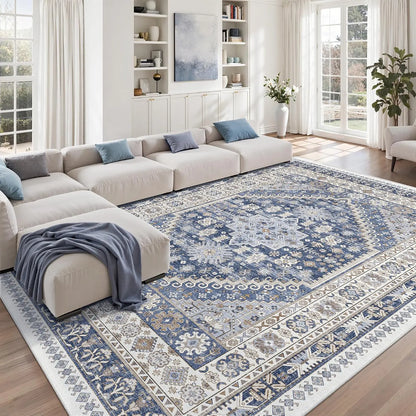 Comicomi Boho Vintage Washable Area Rug - Non-Slip, Stain Resistant, Perfect for High Traffic Areas (Blue/Beige, 8'X10')