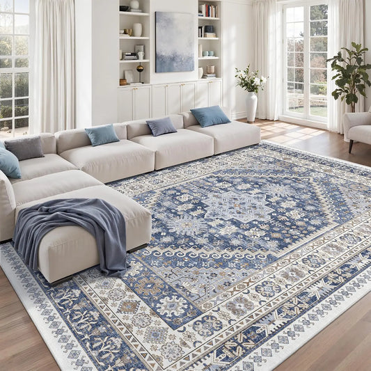 Comicomi Boho Vintage Washable Area Rug - Non-Slip, Stain Resistant, Perfect for High Traffic Areas (Blue/Beige, 8'X10')