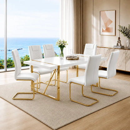 7-Piece Dining Table Set with White Rectangular MDF Table and 6 Leather Chairs