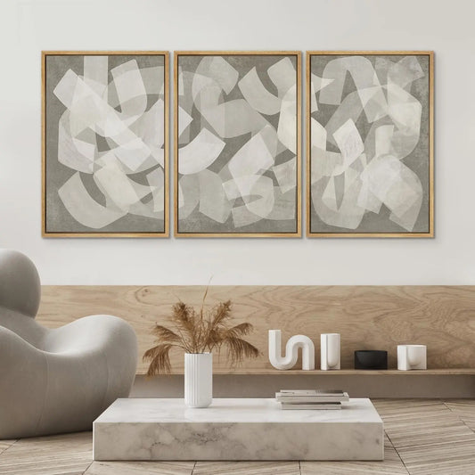 Framed Canvas Print Set - Abstract Geometric Art in Calming Neutral Tones - 16" x 24" x 3