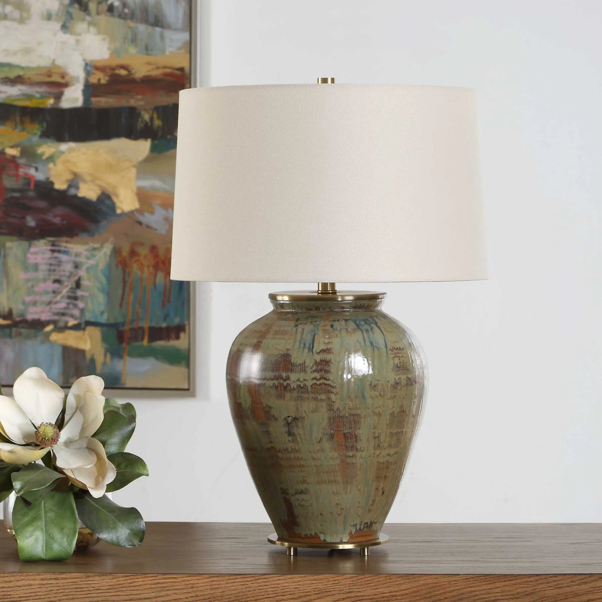 Green & Brown Ceramic Urn Table Lamp
