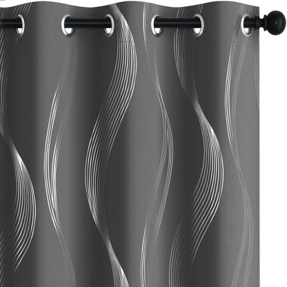 Silver Wave Print Blackout Curtains | Thermal Insulated, Grommet or Rod Pocket | Wide Size Range, Set of 2