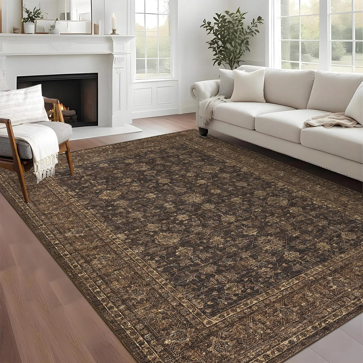 Washable Vintage Distressed Floral Area Rug | Ultra-Thin Low Pile, Non-Slip | Beige, Brown, Blue or Black | Sizes 2×6 to 10×13