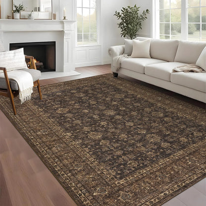 Washable Vintage Distressed Floral Area Rug | Ultra-Thin Low Pile, Non-Slip | Beige, Brown, Blue or Black | Sizes 2×6 to 10×13
