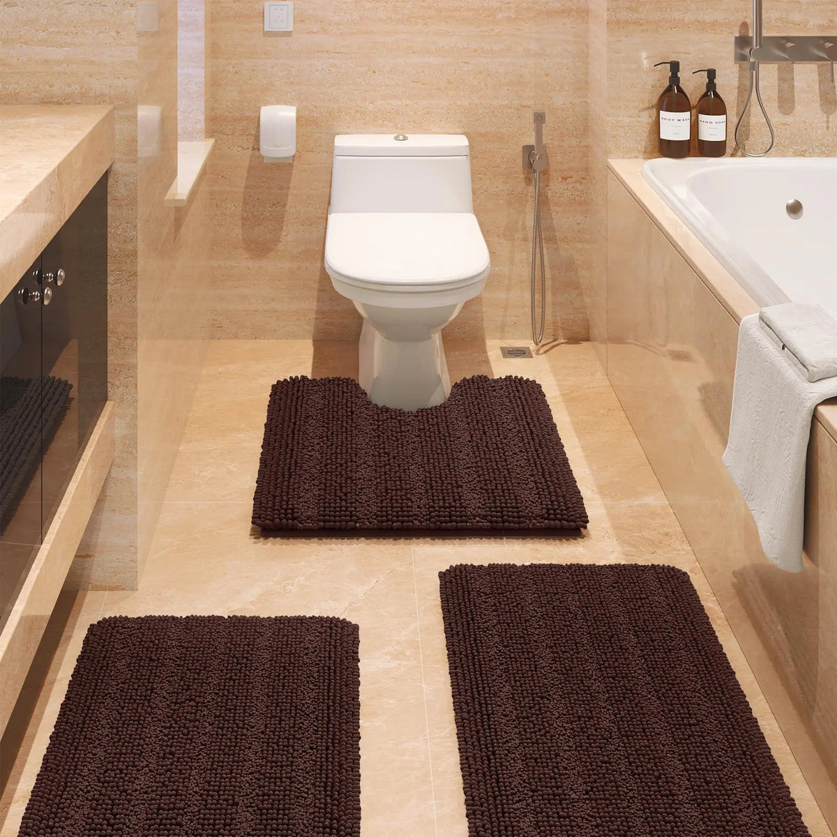 Transform Your Bathroom with the ACCUMTEK Luxurious Soft Striped Chenille Bath Rug Set - 3 Plush, Non-Slip Mats for Ultimate Comfort and Style