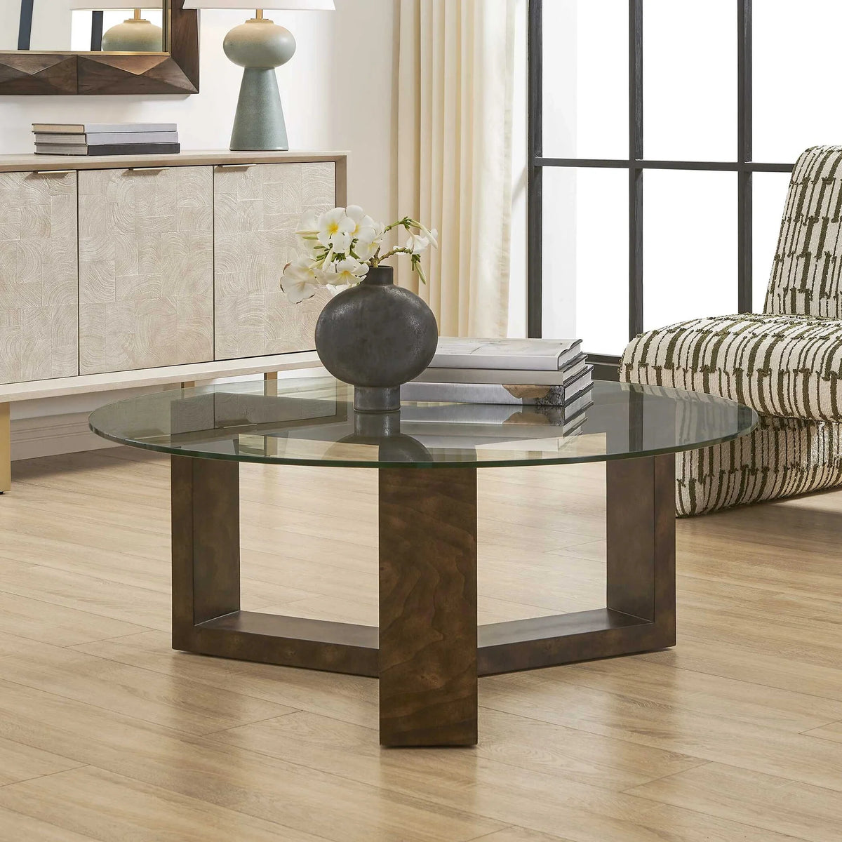 Round Glass & Burl Coffee Table