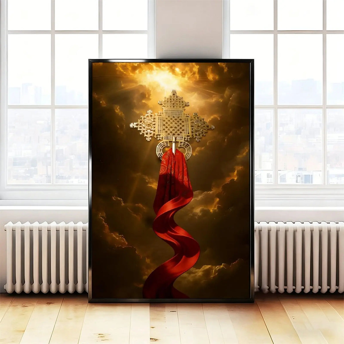 Ethiopian Orthodox Cross Wall Art Set - Vintage Christian Decor with Aluminum Frame