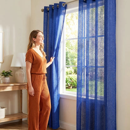 Slub Yarn Semi-Sheer Curtains 52" × 90" | Set of 2 Light-Filtering Grommet Panels | Twelve Colourways