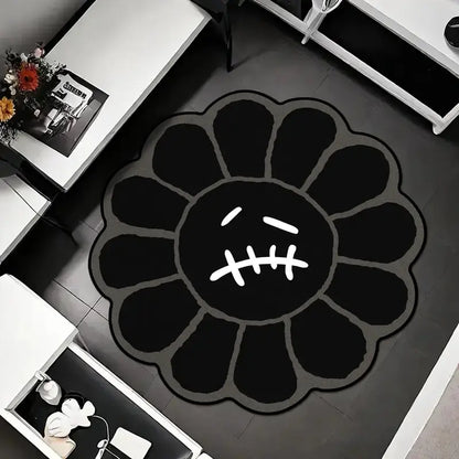 Charming Round Floral Smiling Face Rug - Gothic Decorative Velvet Mat for Living Room, Bedroom & More - Perfect Christmas Gift!