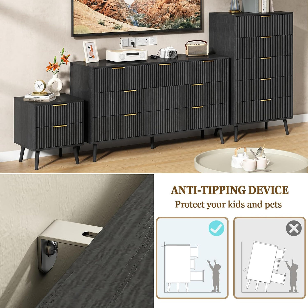 Modern 7 Drawer Dresser in Black with Gold Handles