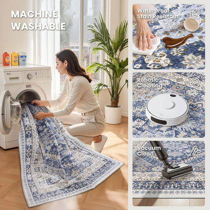 Comicomi Boho Vintage Washable Area Rug - Non-Slip, Stain Resistant, Perfect for High Traffic Areas (Blue/Beige, 8'X10')