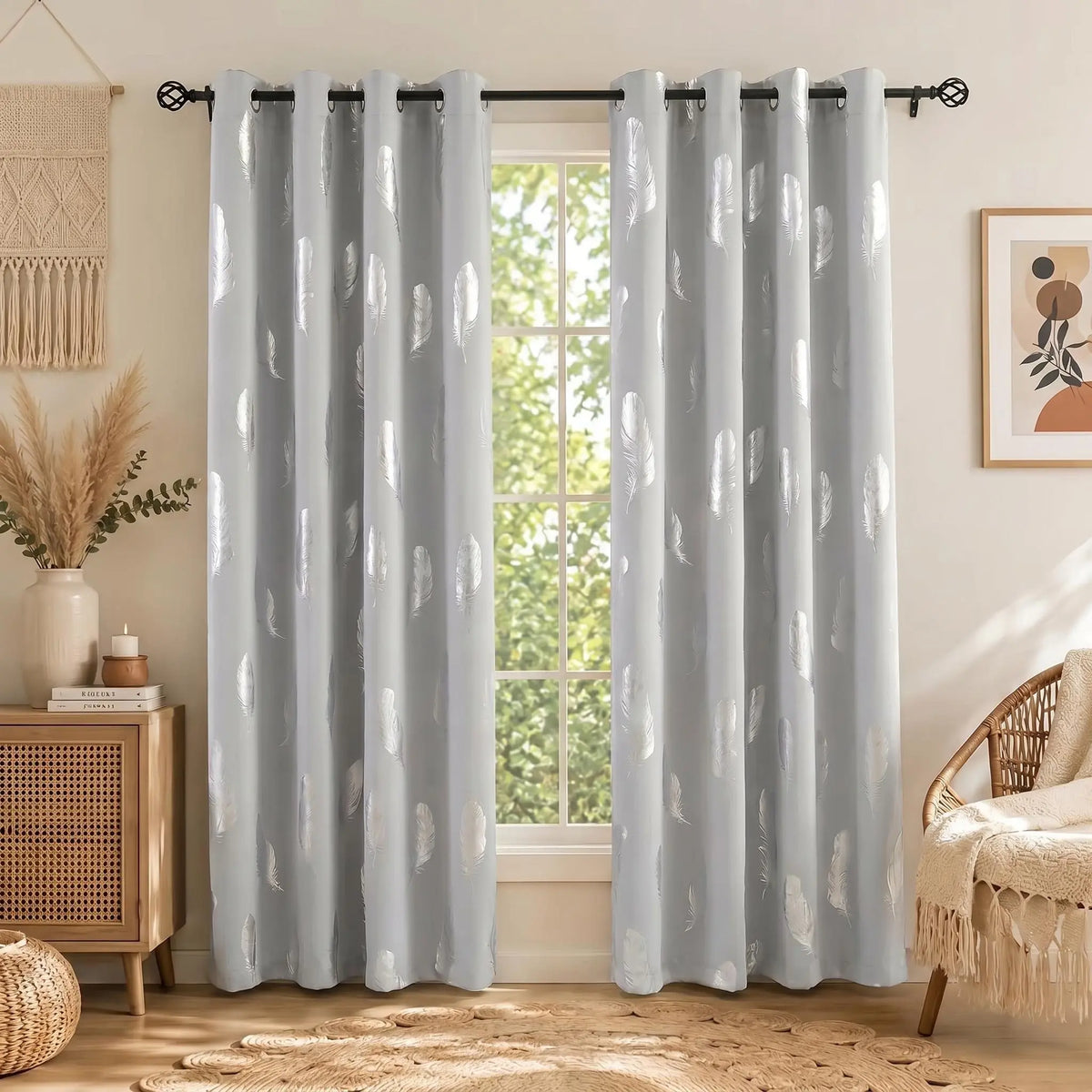 2 Panels of 52"x84" Foil Metallic Printed Grommet Blackout Curtains - Thermal Insulated Drapes for Privacy and Comfort
