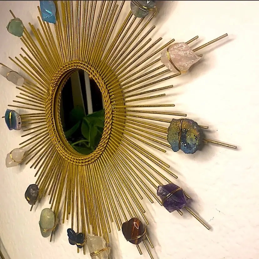 Alectrona Sunburst Crystal Wall Mirror | Handmade Metal Spire Frame with Natural Crystals | Boho Accent Mirror