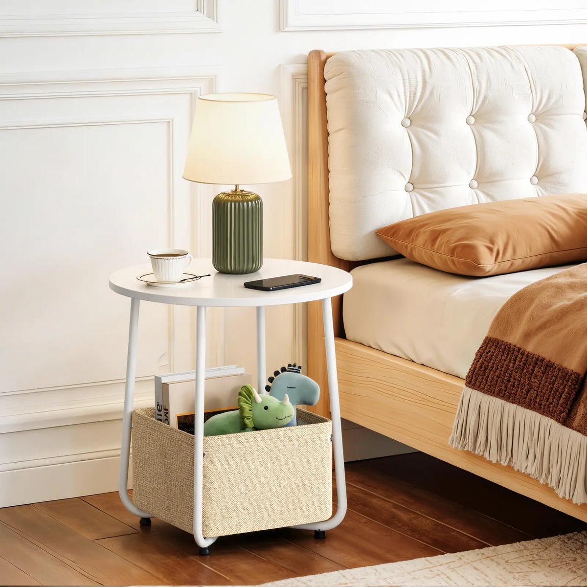 Flycity Modern Round Side Table - White Finish with Fabric Basket for Storage