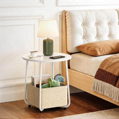 Flycity Modern Round Side Table - White Finish with Fabric Basket for Storage