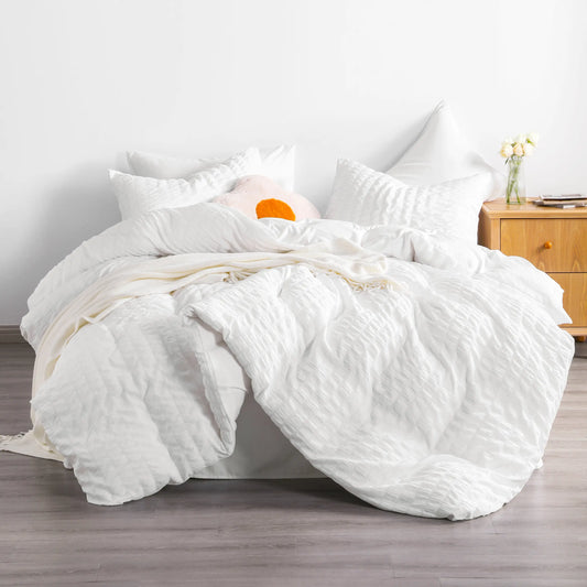 Bedsum Soft Bedding Set, Seersucker Textured Stripe Washed Microfiber Pattern Duvet Cover Set with Zipper Closure