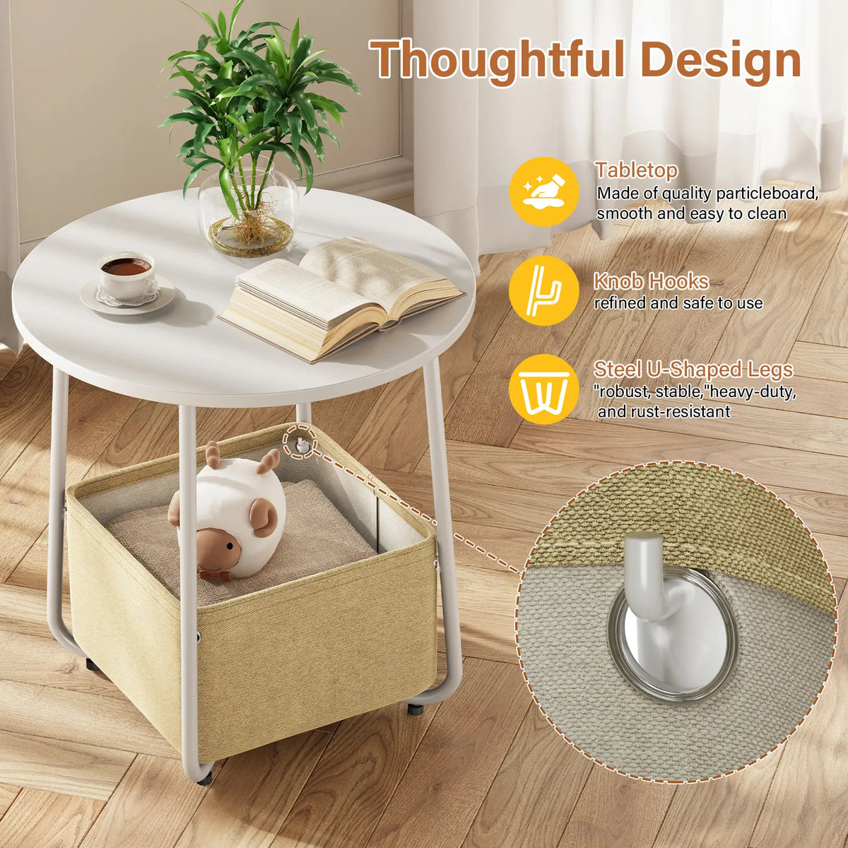 Flycity Modern Round Side Table - White Finish with Fabric Basket for Storage