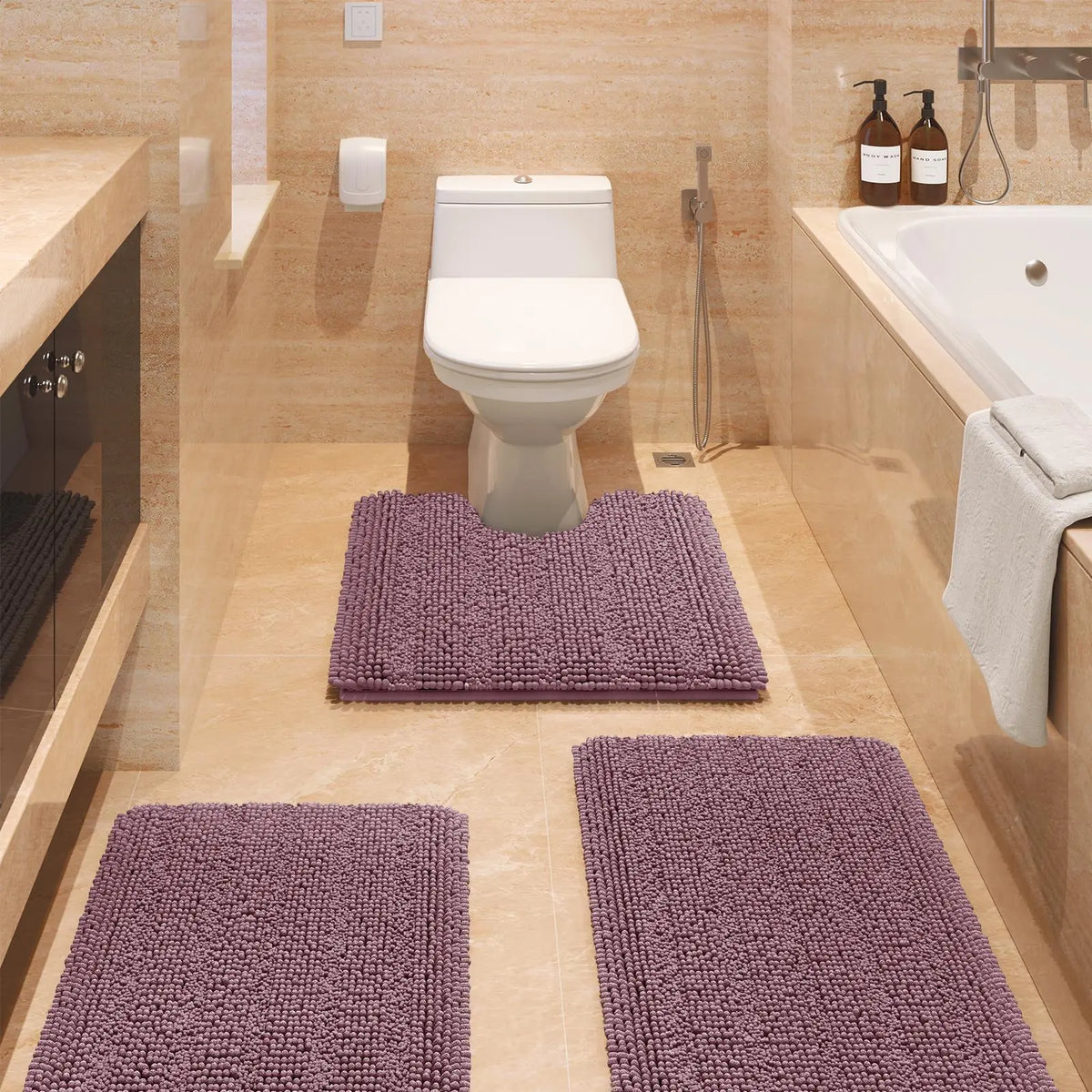 Transform Your Bathroom with the ACCUMTEK Luxurious Soft Striped Chenille Bath Rug Set - 3 Plush, Non-Slip Mats for Ultimate Comfort and Style