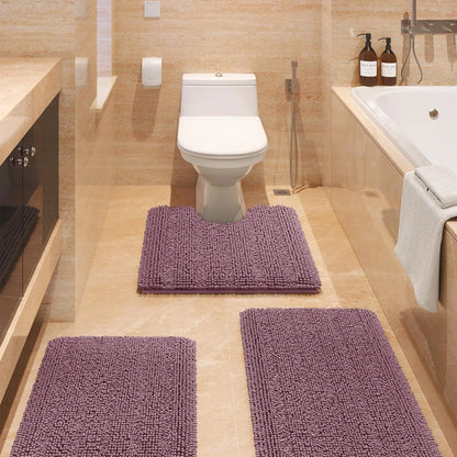 Transform Your Bathroom with the ACCUMTEK Luxurious Soft Striped Chenille Bath Rug Set - 3 Plush, Non-Slip Mats for Ultimate Comfort and Style