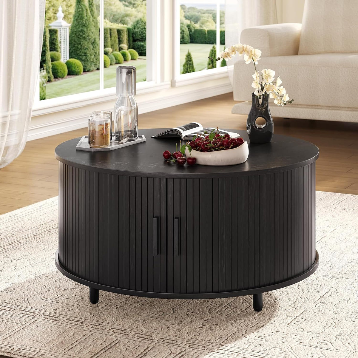 31.5" Round Black Coffee Table with Fluted Design