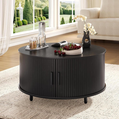 31.5" Round Black Coffee Table with Fluted Design