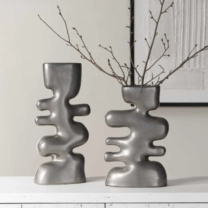 Tarnished Nickel Vases, Set of 2