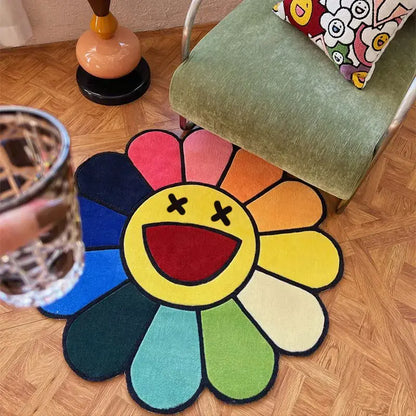 Charming Round Floral Smiling Face Rug - Gothic Decorative Velvet Mat for Living Room, Bedroom & More - Perfect Christmas Gift!