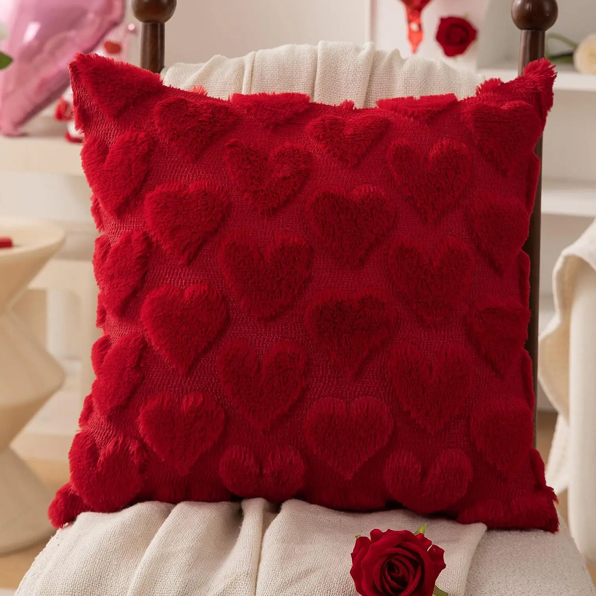 Red Heart Throw Pillow Covers - Set of 2, 18x18 Soft Plush Faux Fur Cushions for Your Sofa, Couch, or Bedroom