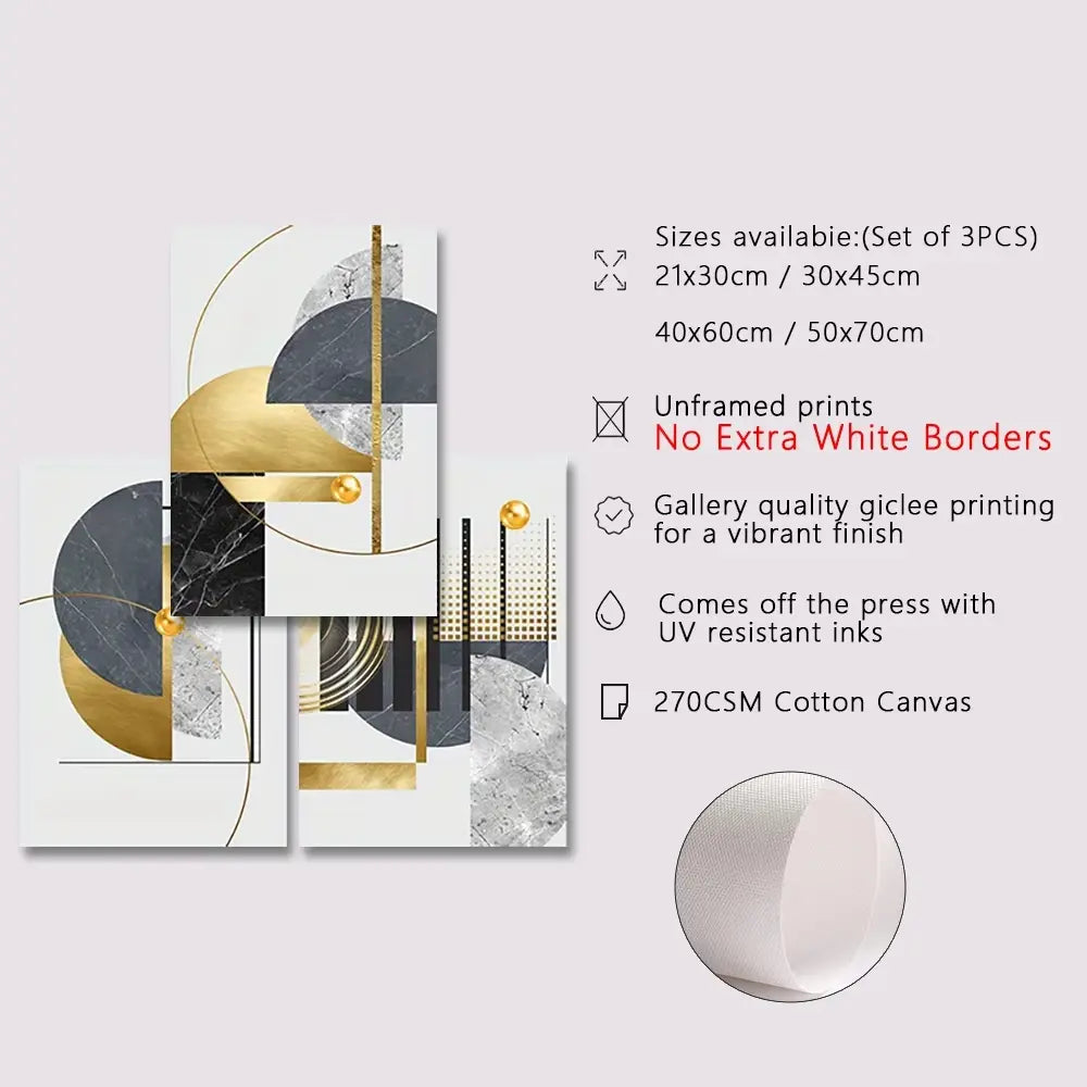 3-Piece Frameless Golden Abstract Geometric Canvas Art Set for Modern Home Decor