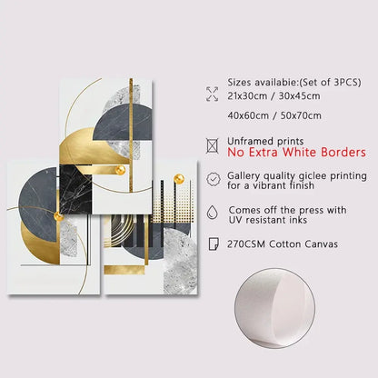 3-Piece Frameless Golden Abstract Geometric Canvas Art Set for Modern Home Decor