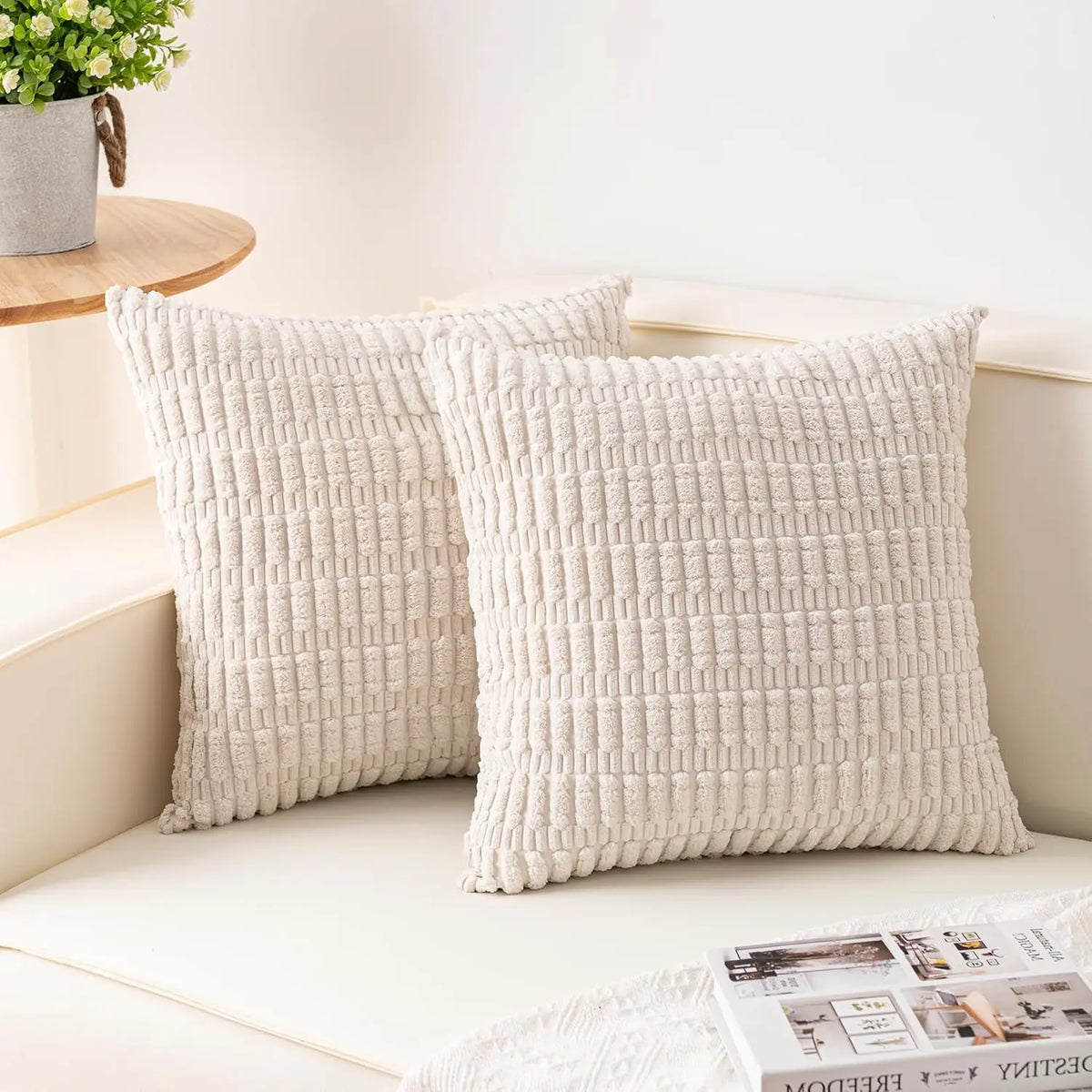 Soft Striped Corduroy Throw Pillow Covers - Set of 2 (18x18 Inch, Cream White)
