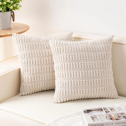 Soft Striped Corduroy Throw Pillow Covers - Set of 2 (18x18 Inch, Cream White)
