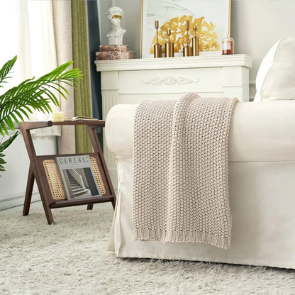 Chunky Knit Throw Blanket Lightweight Beige Cotton Blanket for Sofa Couch Bed , Rustic Shabby Modern Farmhouse, 51 X 63 Give Bag
